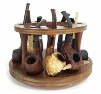 Vtg 9-Hole Wooden Pipe Holder, 9 Very Cool Pipes