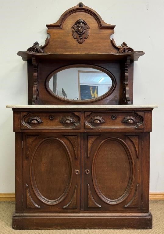 BEAUTIFUL 1860S CARVED WALNUT MARBLE TOP SIDEBOARD