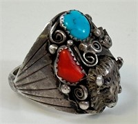DESIRABLE NAVAJO STERLING RING W TURQUOISE & CORAL