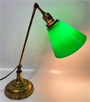 WONDERFUL 1930'S BRASS DESK LAMP W EMERALD SHADE