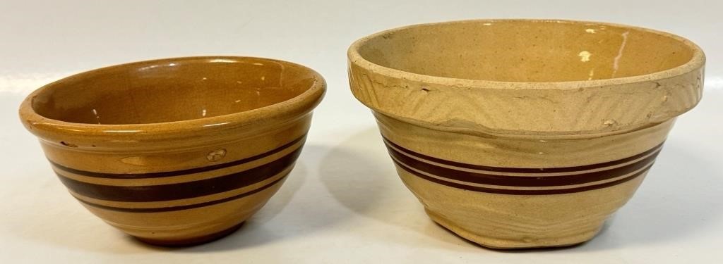 TWO SMALL ANTIQUE STRIPED STONEWARE MIXING BOWLS