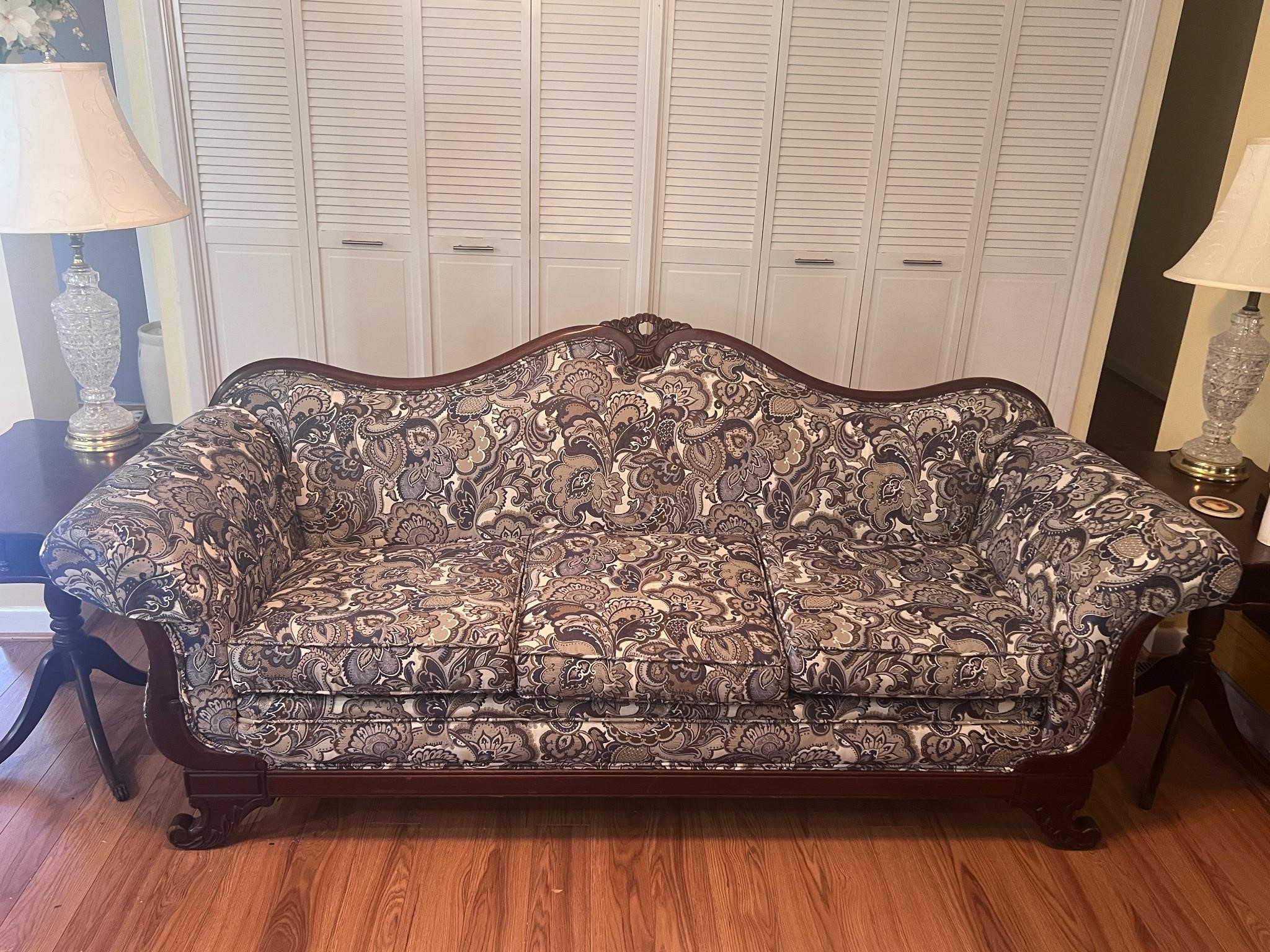 Duncan Phyfe style sofa beautiful upholstery