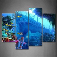 Blue Fish Colorful with Big Boat Canvas Panel Set