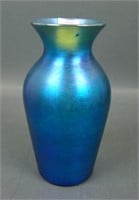 Signed Quezal Blue Iridised Art Glass Vase