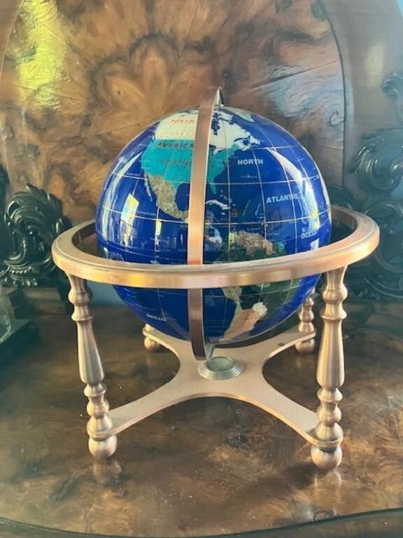 World Globe Inlaid Stone Pieces - Brass Base