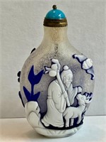 Peking Glass Snuff Opium Bottle Blue White Frosted