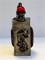 Signed Metal Snuff Bottle Raised Panther  Cabachon