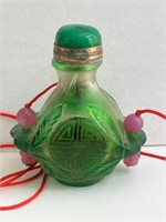 Green Peking Glass Snuff Bottle Red Cord Green Cap
