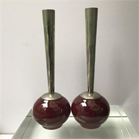 PAIR DUTCH BUD VASES SILVER PLATE AND PORCELAIN