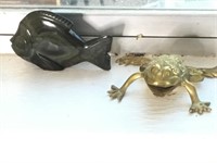 Vintage Brass Frog & Carved Stone Fish