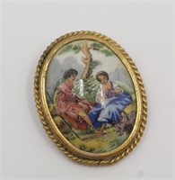 VINTAGE LIMOGES BROOCH W/ ROCOCO STYLE PAINTING