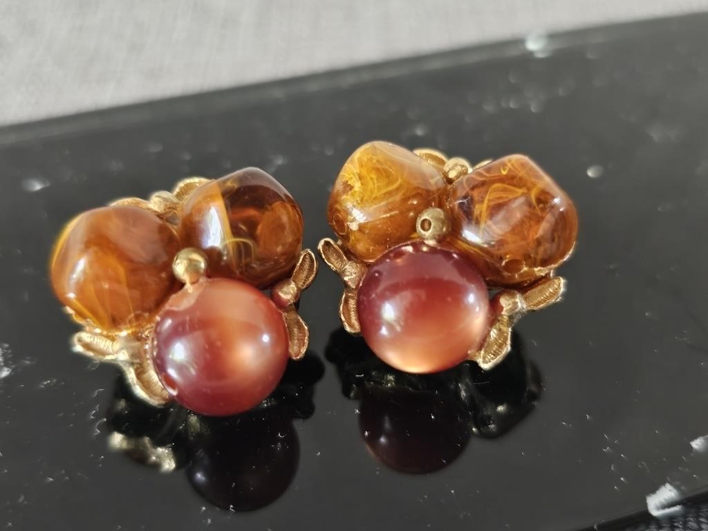 Vintage Cluster Earrings Amber Color Stones
