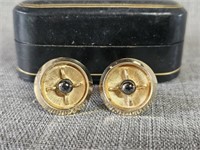 Vintage Gold Tone Round Cufflinks & Case