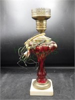 Vintage Ruby Red Glass With Brass & Marble Lamp