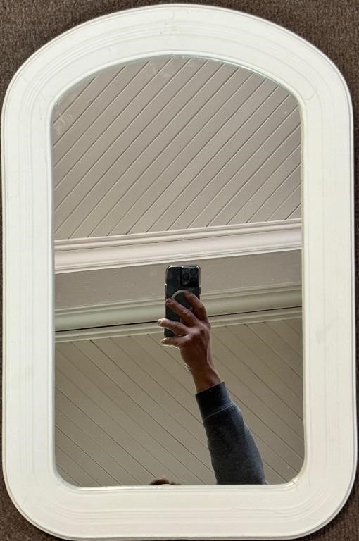 LOVELY WHITE PAINTED TOMBSTONE ACCENT MIRROR