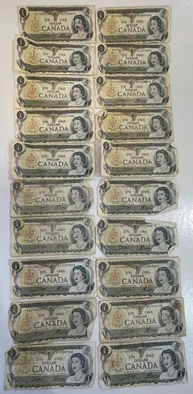 20 VINTAGE CANADIAN 1 DOLLAR BILLS