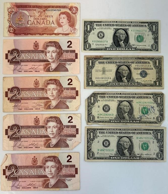 14 DOLLARS IN MIXED CANADIAN & AMERICAN BILLS