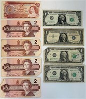 14 DOLLARS IN MIXED CANADIAN & AMERICAN BILLS