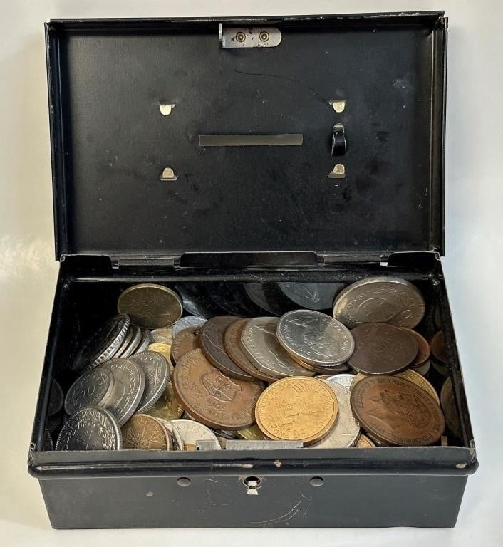 NICE TIN CASH BOX WITH VARIOUS UNSORTED COINS