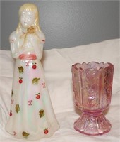Fenton Girl w/ Bear and Dusty Rose Toothpick Hldr