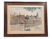 Framed Watercolor of Village on Water Scene