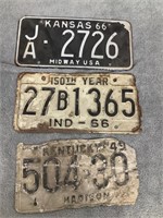 3 License Plates: KY 1949, IN 1966, KS 1966