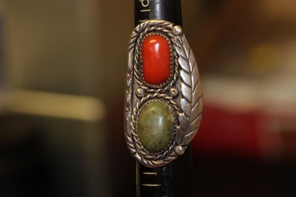 A Navajo Sterling and Torquise and Coral Ring
