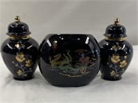 3 Black Asian Design Vases, 2 Of Them Have Lids