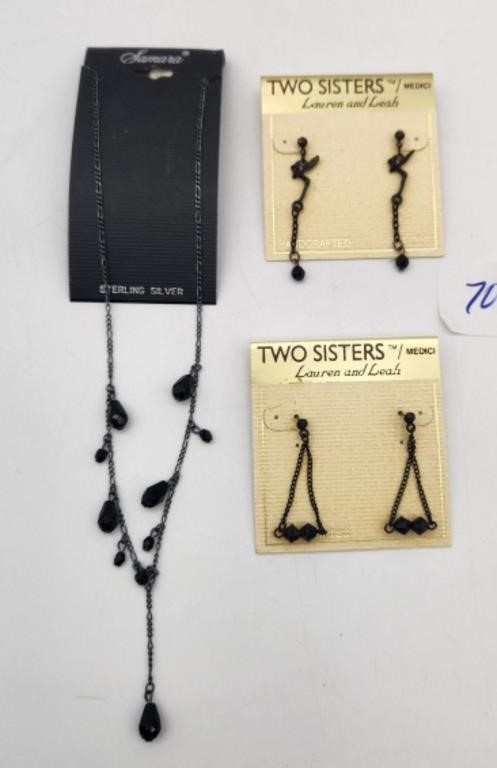 Sterling Necklace & 2 Pair Black on Black Earrings