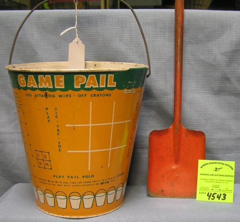 Vintage all tin childs sand pail and shovel set
