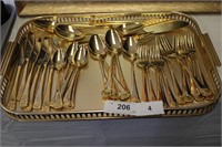 GOLD FLATWARE SET WITH GOLD TRAY