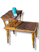 Rustic Checker Carved Wood Tiered Side Table