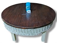 Antique Wood Top Round Wicker Coffee Table