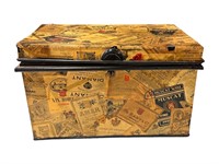 English Metal Trunk with Wine Labels Decoupaged