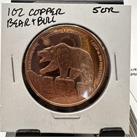 1OZ COPPER BULLION ROUND BEAR & BULL STOCK MARKET