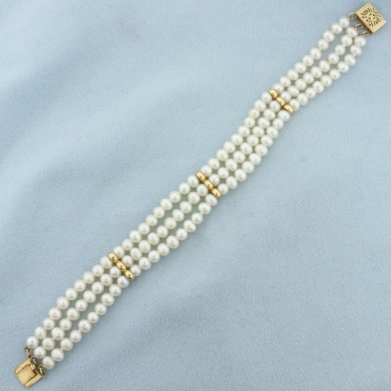 Triple Strand Cultured Pearl Bracelet in 14k Yello