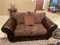 Nice Leather And Upholstered Love Seat W/ Pillows