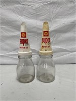 2 x genuine pint oil bottles & Shell Super tops