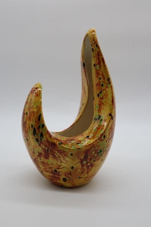 Vntg Speckled Pottery Asymmetrical Stretched Vase