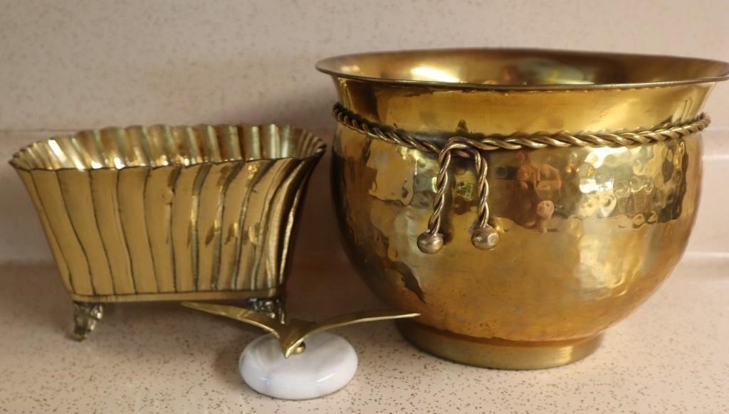 Brass Planters & Marble Paperweight