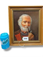 Antique Acrylic Painting Pipe Smoker Eyes Follow