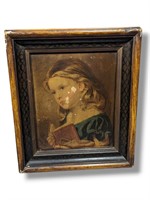 Antique Wood Framed Print Young Lady W/ Book