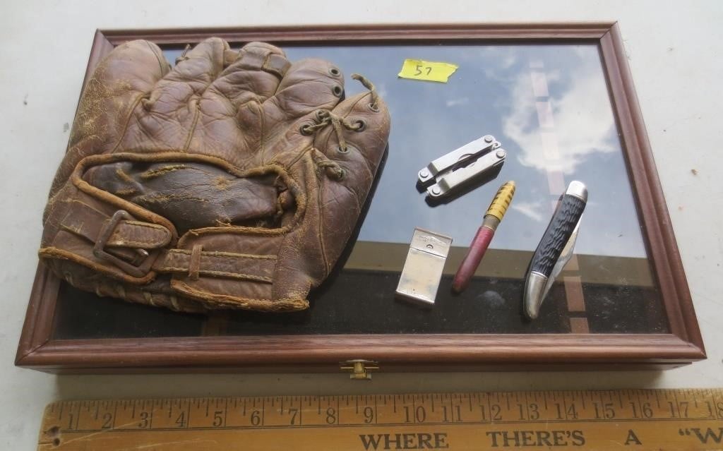 Old ball glove, knives, lighters, spoon display