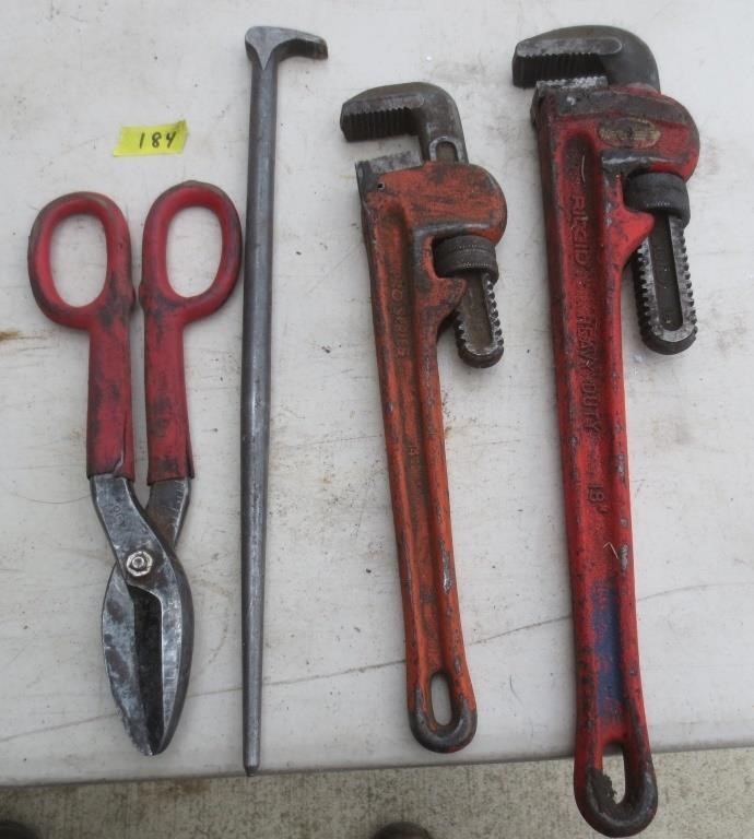 Pipe wrenches, tin snips, bar