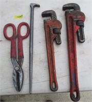 Pipe wrenches, tin snips, bar