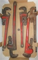 (5) Pipe wrenches. Brands include Ridgid, etc.