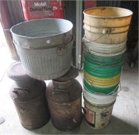 (2) Milk cans, galvanized buckets, plastic 5