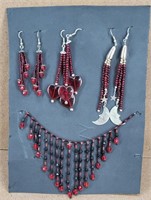 Ruby & Black Style 3pr Earrings & 1 Necklace