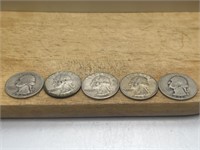 FIVE Silver Quarters Various Years