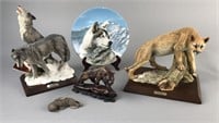 Collection of Animal Figurines & Plate Wolf Tiger